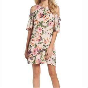 CHARLES HENRY PINK FLORAL COLD SHOULDER DRESS